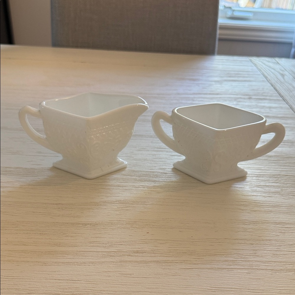 Pair of White Milk Glass Creamer and Sugar Bowl